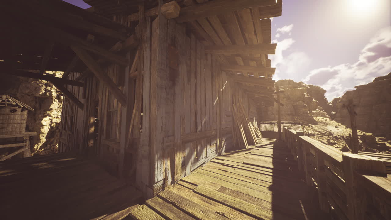Historic wooden structure at dusk under a partly cloudy sky