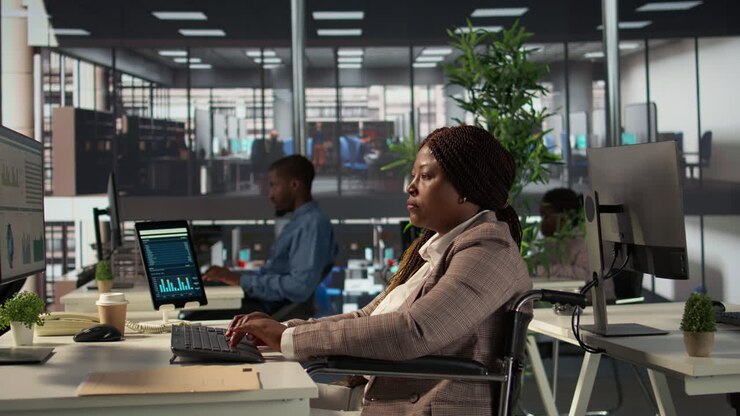 African American Woman in Wheelchair Working in Modern Office