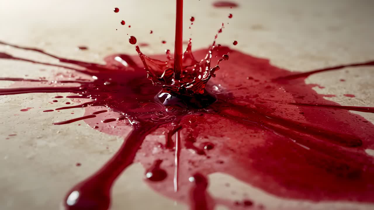 Striking viscous red liquid stream forming crown, splashing and spreading on light beige countertop