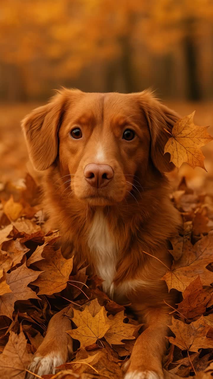 Close-up video still of a dog lying in autumn leaves, captured at eye level
