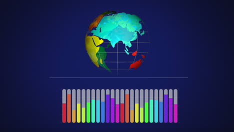 animation of globe spinning and statistics processing on blue background