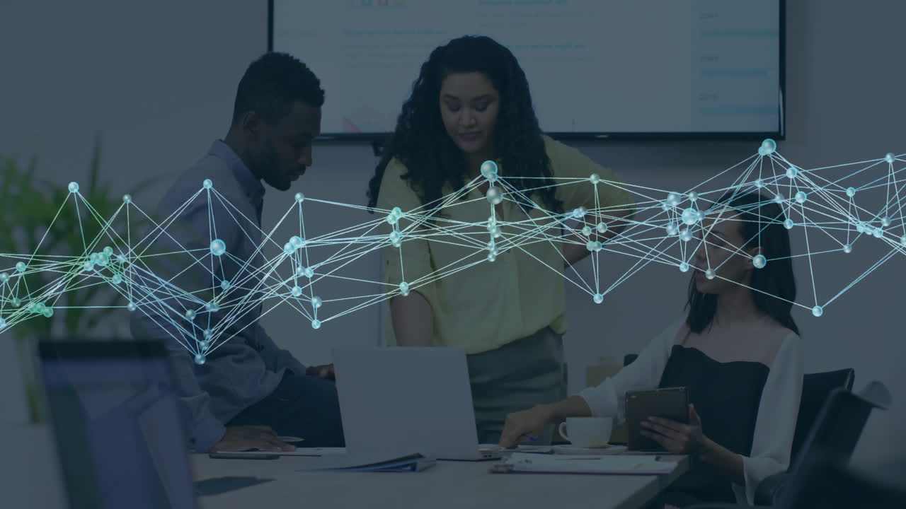 In business meeting, diverse team discussing network connections and data processing animation