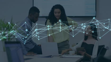 in business meeting, diverse team discussing network connections and data processing animation
