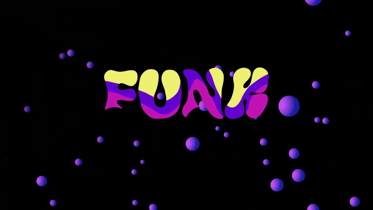 검은색 배경에 보라색 구와 함께 보라색과 노란색으로 왜곡 된 크 텍스트의 애니메이션