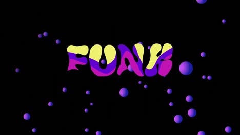 animation of funk text in purple and yellow distorting with purple spheres on black background