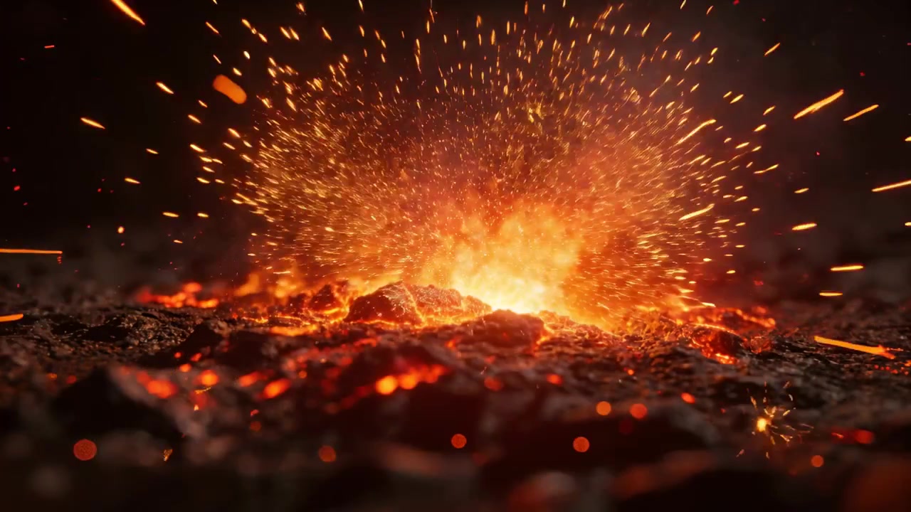 Évent en fusion en éruption projetant des braises ardentes, laissant des fragments traîner sur un sol rocheux, sous la contrainte de la pression.
