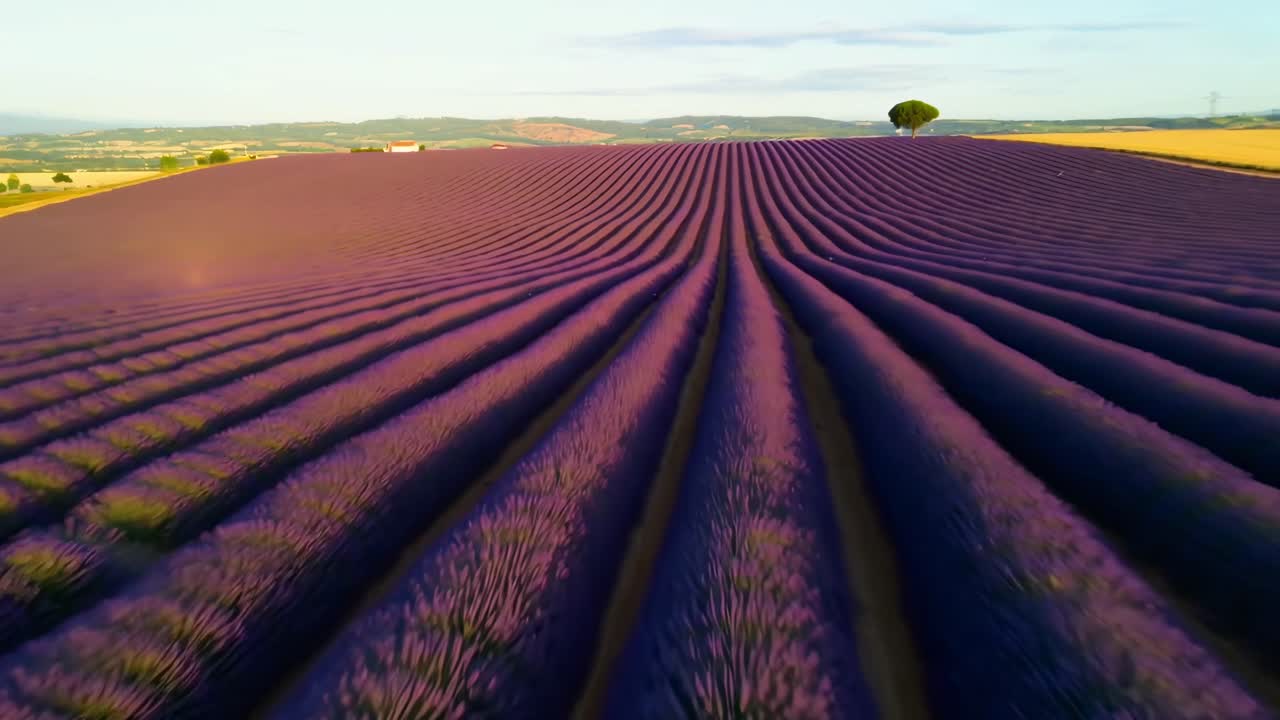 Flygbild över ett livfullt lila lavendelfält i Provence