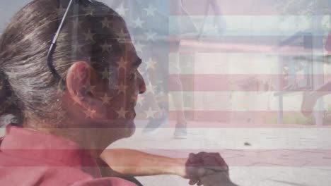 animación de la bandera de los estados unidos de américa sobre un hombre mayor y niños de escuela