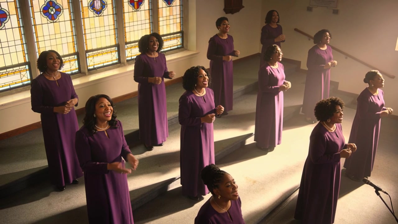 Starting song, choir in purple robes singing and clapping on carpet risers by stained glass windows