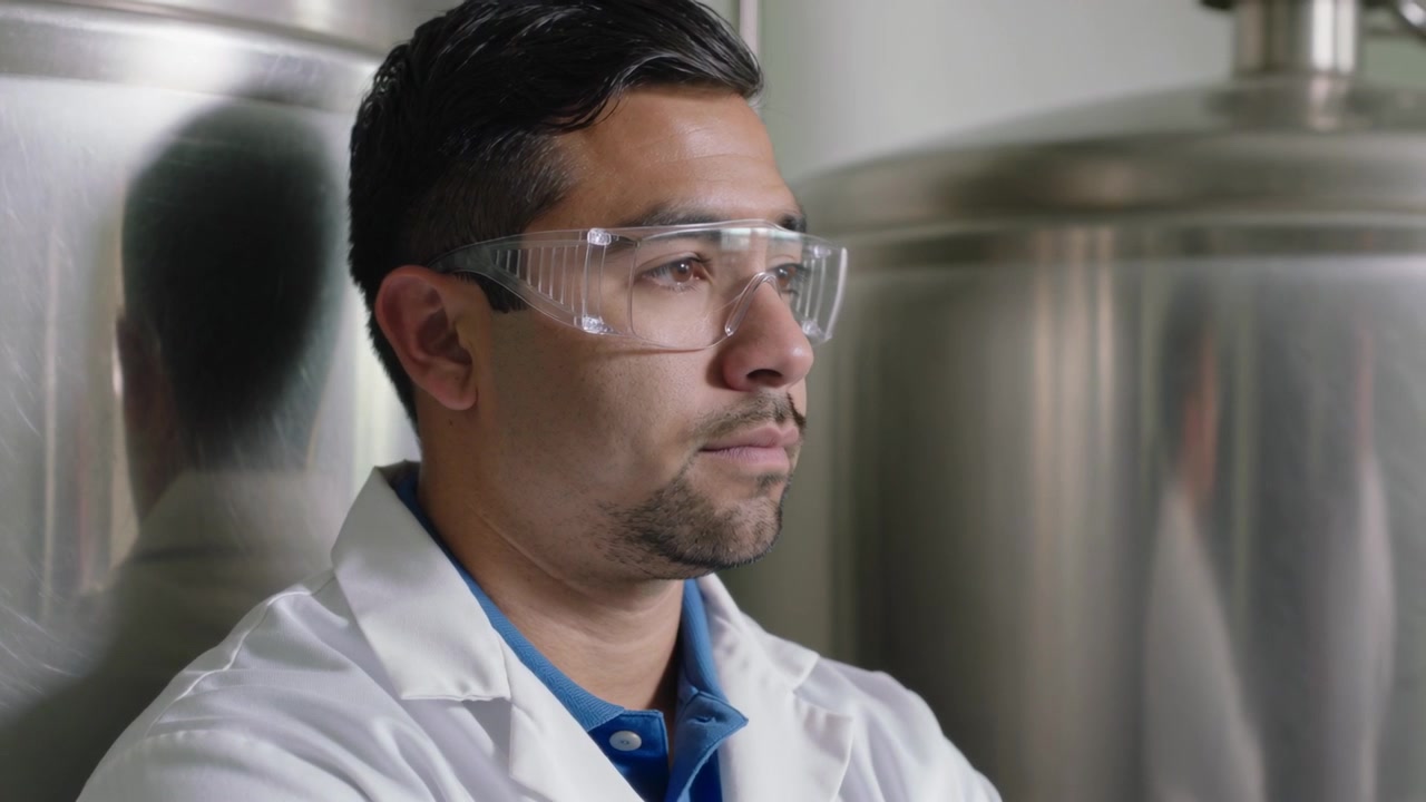 Técnico de escaneo con bata blanca y gafas protectoras inspeccionando tanques de acero en una planta con la cámara moviéndose.