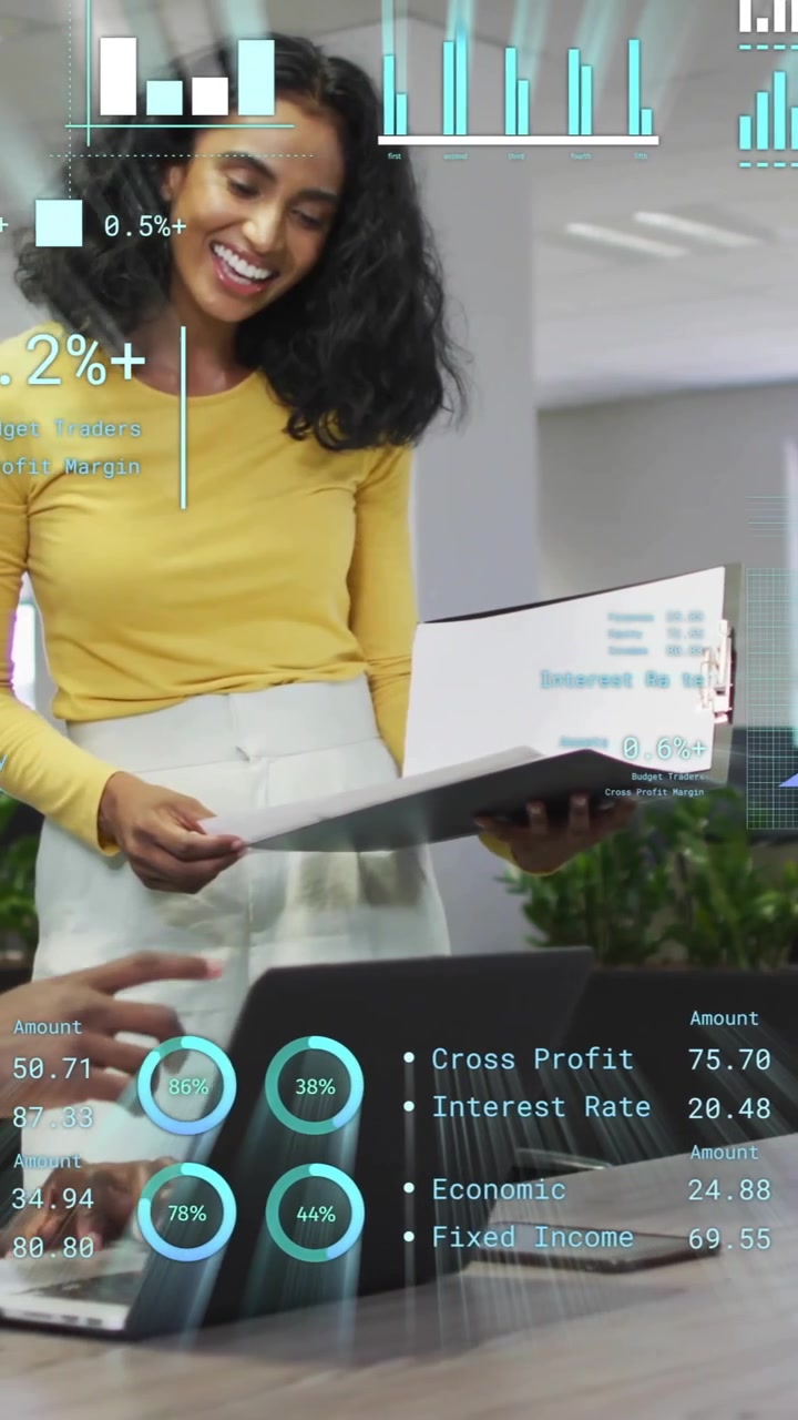 Animation of financial data processing over diverse business people in office