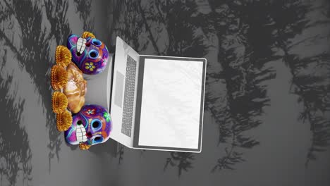 Laptop,-Skulls,-Day-of-The-Dead-Festival,-Dia-de-Muertos-,-Grey-Background,-Mockup,-Mexico,-Vertical