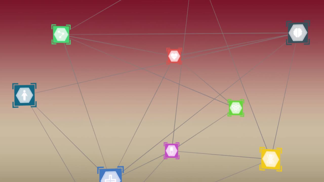 animación de una red de iconos digitales contra un fondo de gradiente rojo