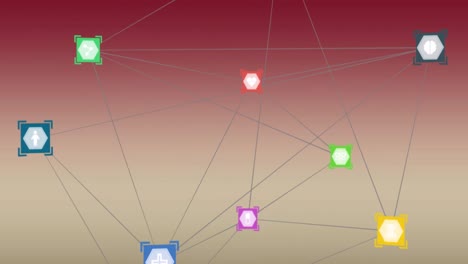 animation of network of digital icons against red gradient background