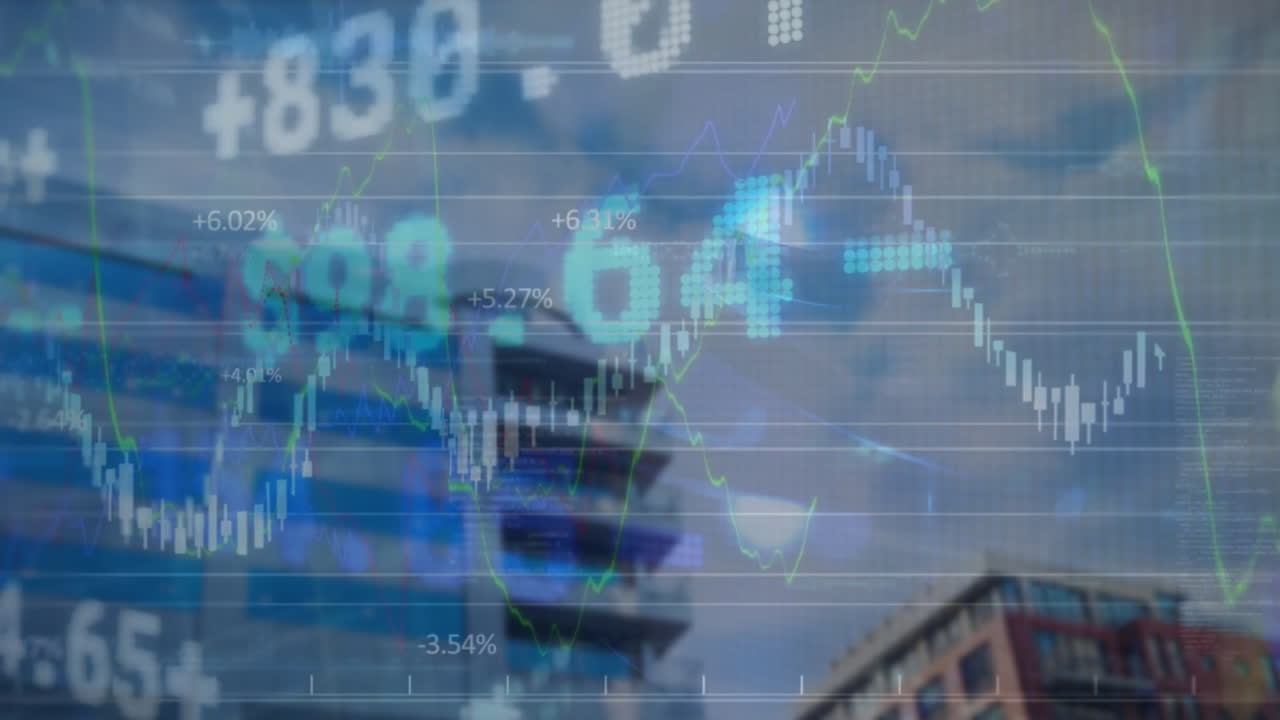 도시 풍경 위의 금융 데이터 처리 애니메이션