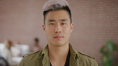 portrait handsome young asian man looking confident serious male business student entrepreneur wearing stylish fashion slow motion