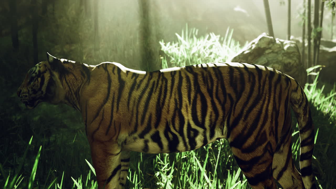 Majestic tiger walks through a sunlit forest in the morning hours