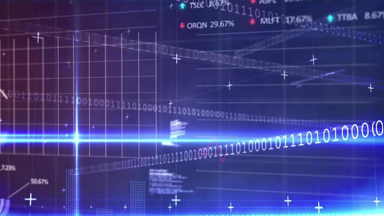 Animation of financial data processing over dark background