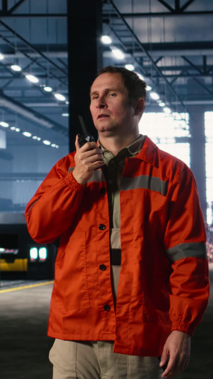 Vertical Video Heavy industry employee speaks into walkie talkie device in warehouse