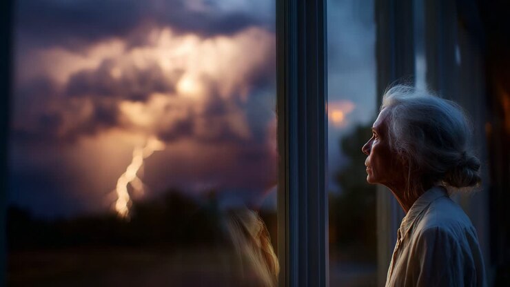 An elderly woman gazes out of a large window, lost in thought, while a dramatic lightning storm lights up the sky, captivating her attention and reflecting her deep contemplation