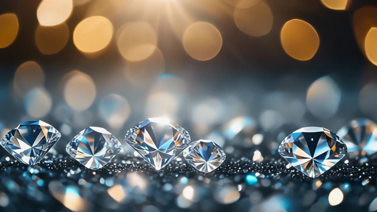 Diamanti scintillanti disposti su una superficie luccicante con sfondo bokeh