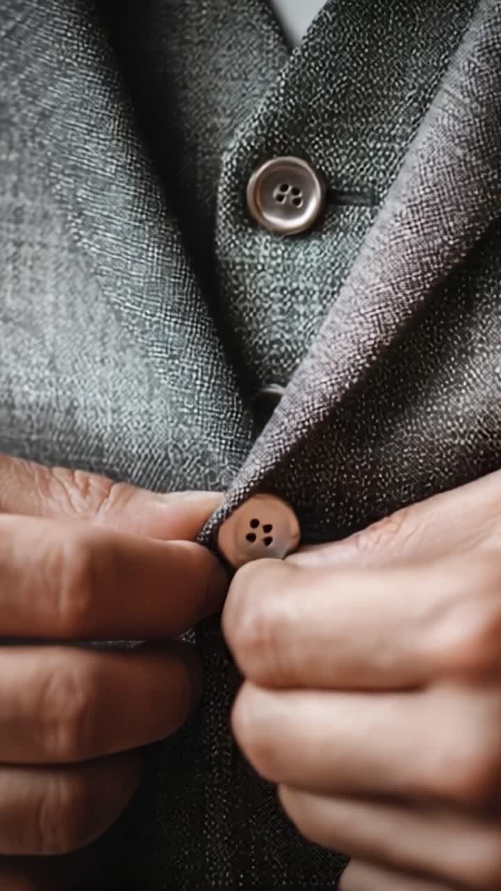 Pandangan Detail Tangan yang Mengancingkan Jaket Setelan Abu-abu yang Bergaya, Memamerkan Jahitan yang Elegan dan Tekstur Kain yang Halus dalam Tampilan Dekat.