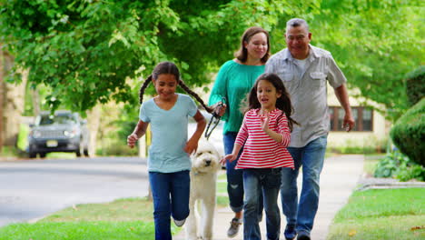 Grandparents-And-Granddaughters-Walking-Dog-Along-Street