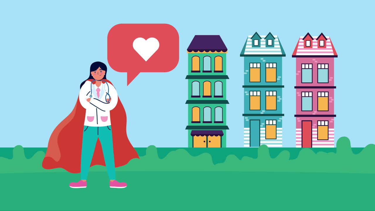 doctora con capa de héroe y edificios