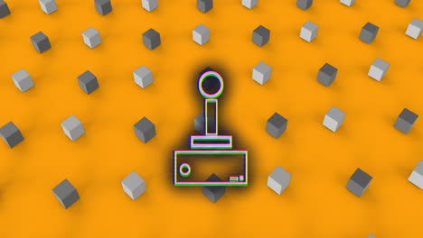 animación del joystick de videojuego sobre filas de cubos sobre fondo naranja