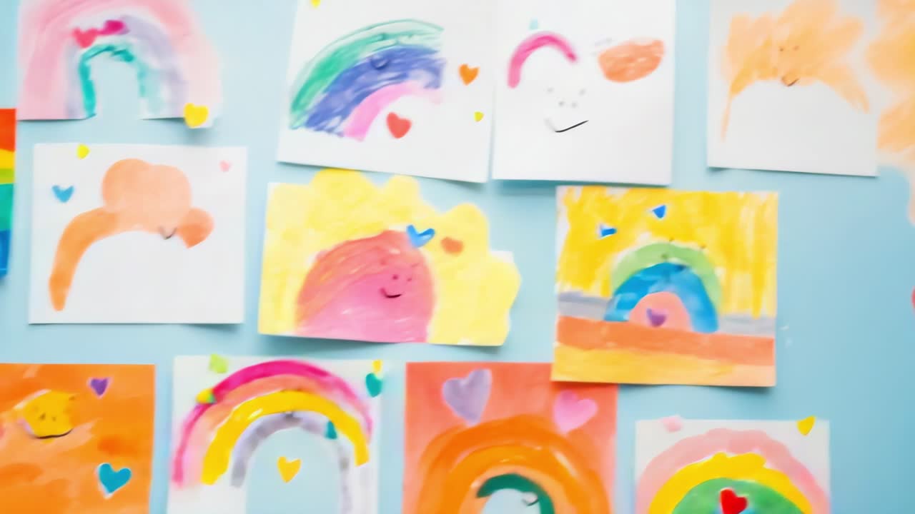 Colorful drawings created by children, featuring vibrant rainbows and hearts, hang on a light blue wall, radiating a joyful and positive atmosphere filled with innocence and creativity