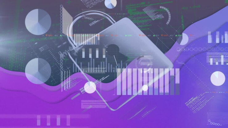 Animation of security padlock icon and data processing against purple background