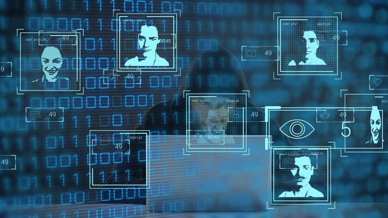 Animation of data processing with diverse people portraits over caucasian male hacker