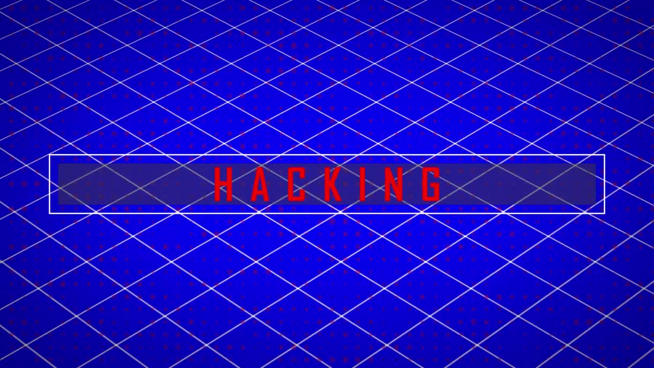 animación de texto rojo, hacking, sobre cuadrícula blanca sobre fondo azul