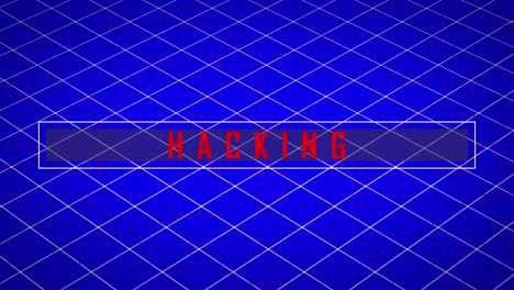 Animation-of-red-text,-hacking,-over-white-grid-on-blue-background