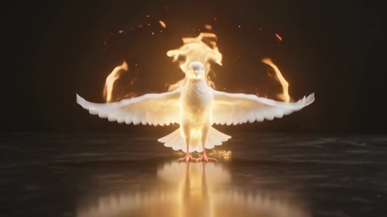Flames igniting, white dove-like bird raising wings on glossy floor in studio, creating reflection