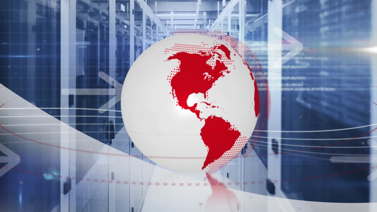 animación de iconos de flecha y punto de luz sobre el globo giratorio contra la sala del servidor de la computadora