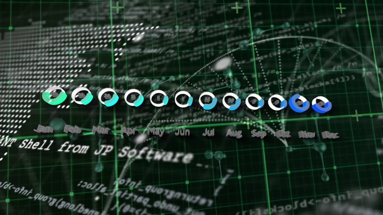 animación del procesamiento de datos financieros sobre moléculas y mapa del mundo en fondo negro