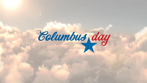 animation of columbus day text and star over clouds