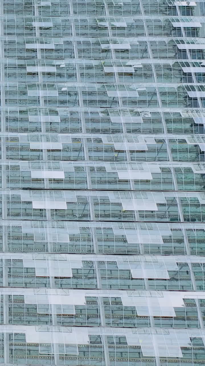 Window structures of greenhouses with open transoms for ventilation. Aerial view of the glass building. Vertical video