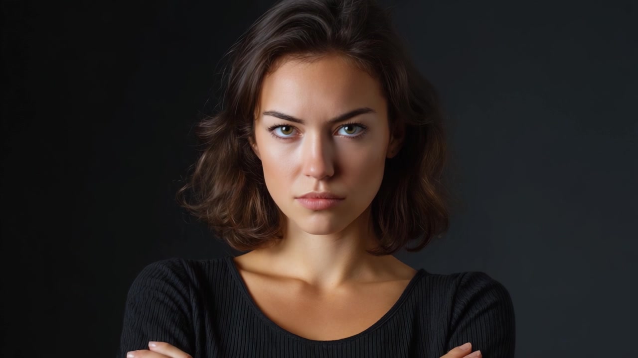 A captivating portrait of a confident woman with piercing eyes and a striking expression, showcasing her strength and determination against a dark background