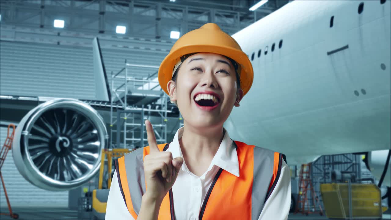 비행기 거에 있는 행복한 여성 엔지니어