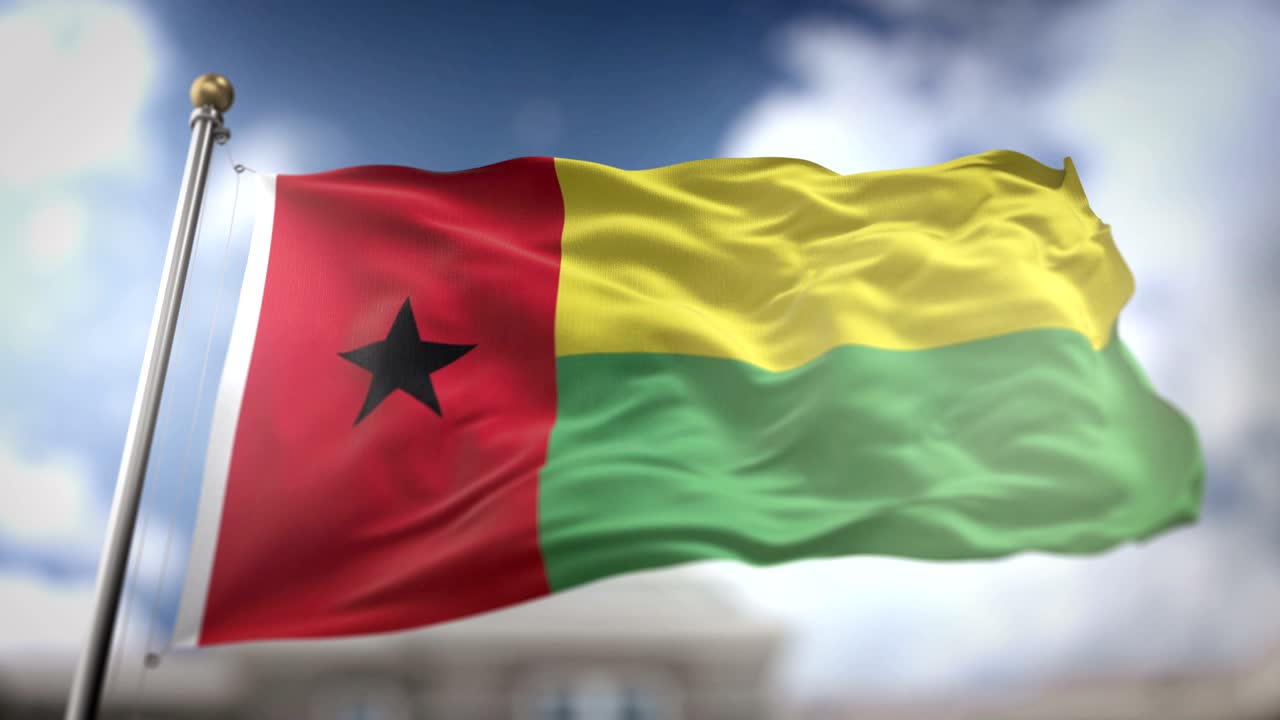 bandera de guinea-bissau ondeando en cámara lenta 3d con fondo de cielo azul - bucle sin costuras 4k