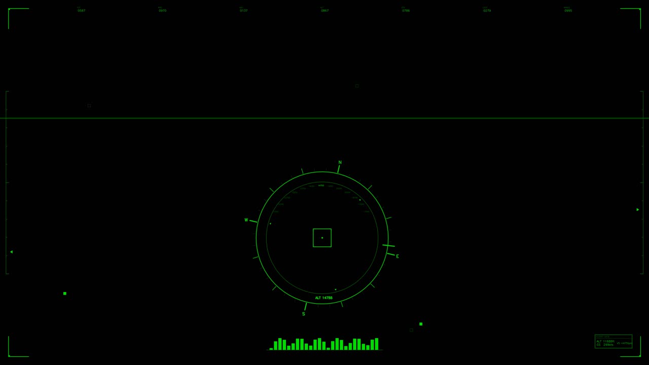 This visual features a military heads up display used in sci fi or war videos, showcasing a circular targeting system and interface tools in a dark setting