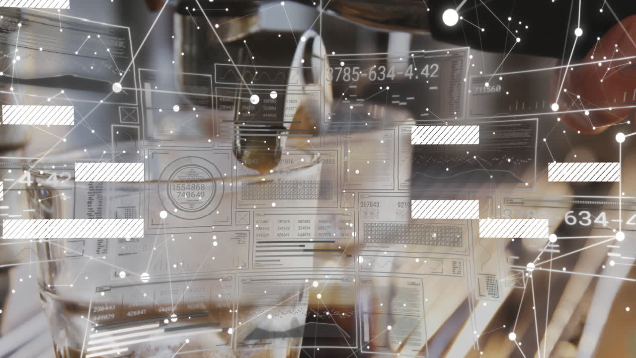 Espresso machine spout dispensing dark coffee into clear glass while digital graphs floating