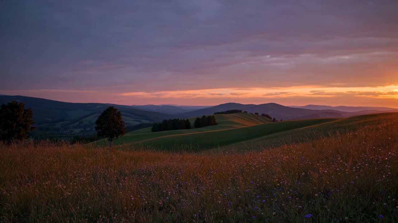 A serene sunset landscape video with rolling hills and distant mountains, captured from a low angle