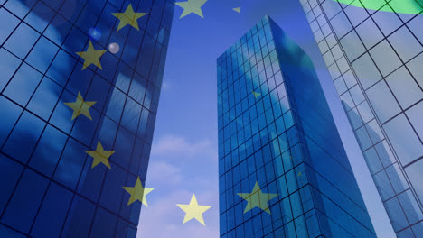 Animation-of-european-union-flag-over-office-buildings