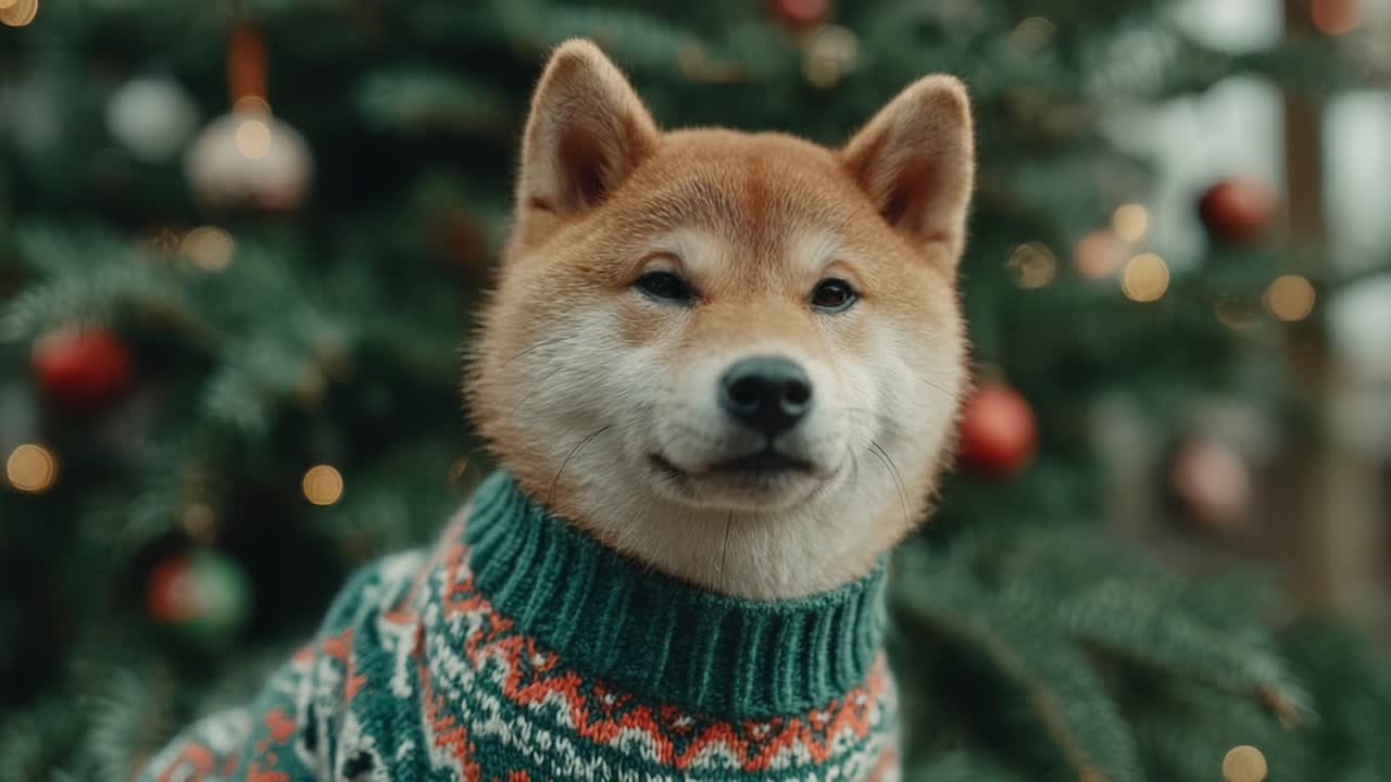 A Charming Shiba Inu Poses Festively in a Cozy Sweater Surrounded by a Beautifully Decorated Christmas Tree and Glimmering Ornaments