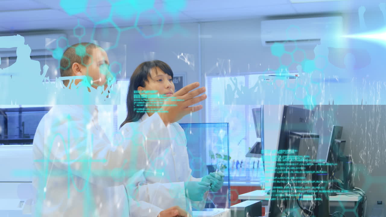 animación de fórmulas químicas y procesamiento de datos en diversas mujeres y hombres científicos.