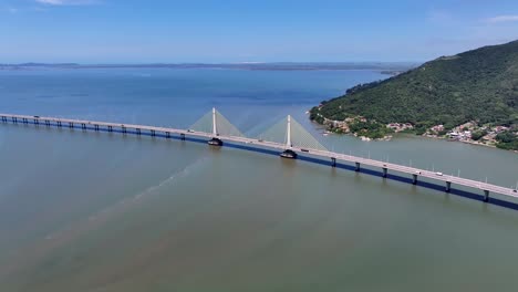 aerial view of a cable-stayed bridge over a body of water