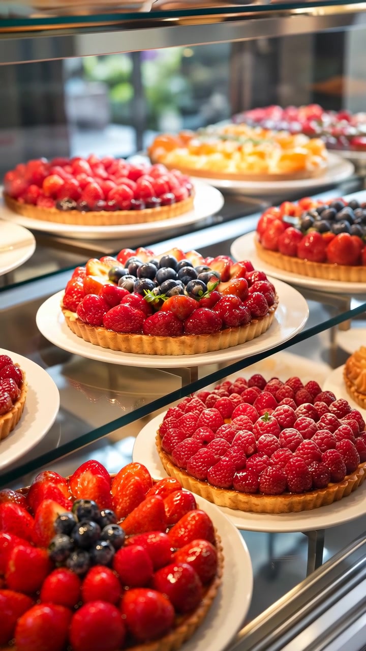 Colorful fruit tarts remain neatly arranged on white plates behind glass, while warm display lighting highlights glazed berries, crisp crust edges, and layered shelves.